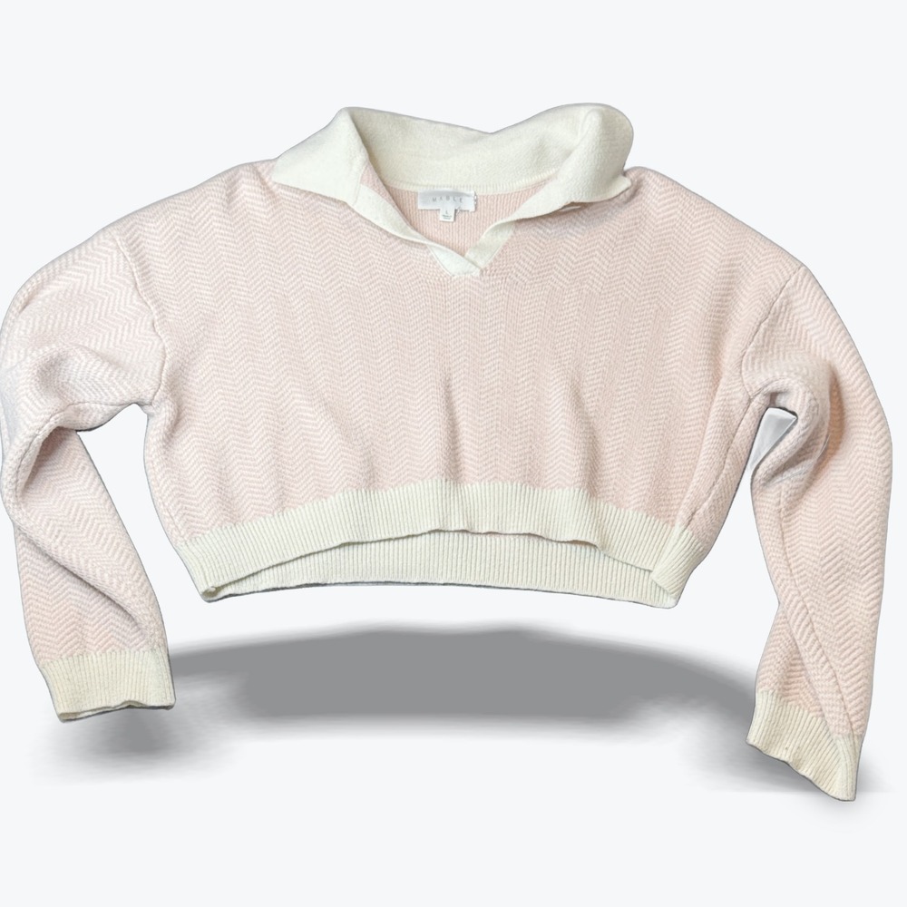 Mable Sweater‎ Womens Large Pink Cream Chevron Long Sleeves V-Neck Collared